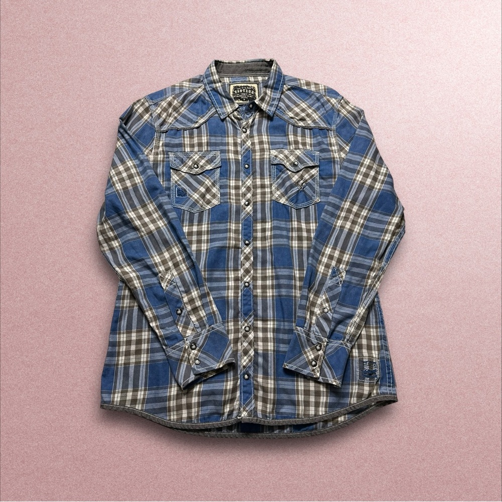 BKE Button Up Shirt Men’s Large Blue Plaid Long Sleeve Western Pearl Snap